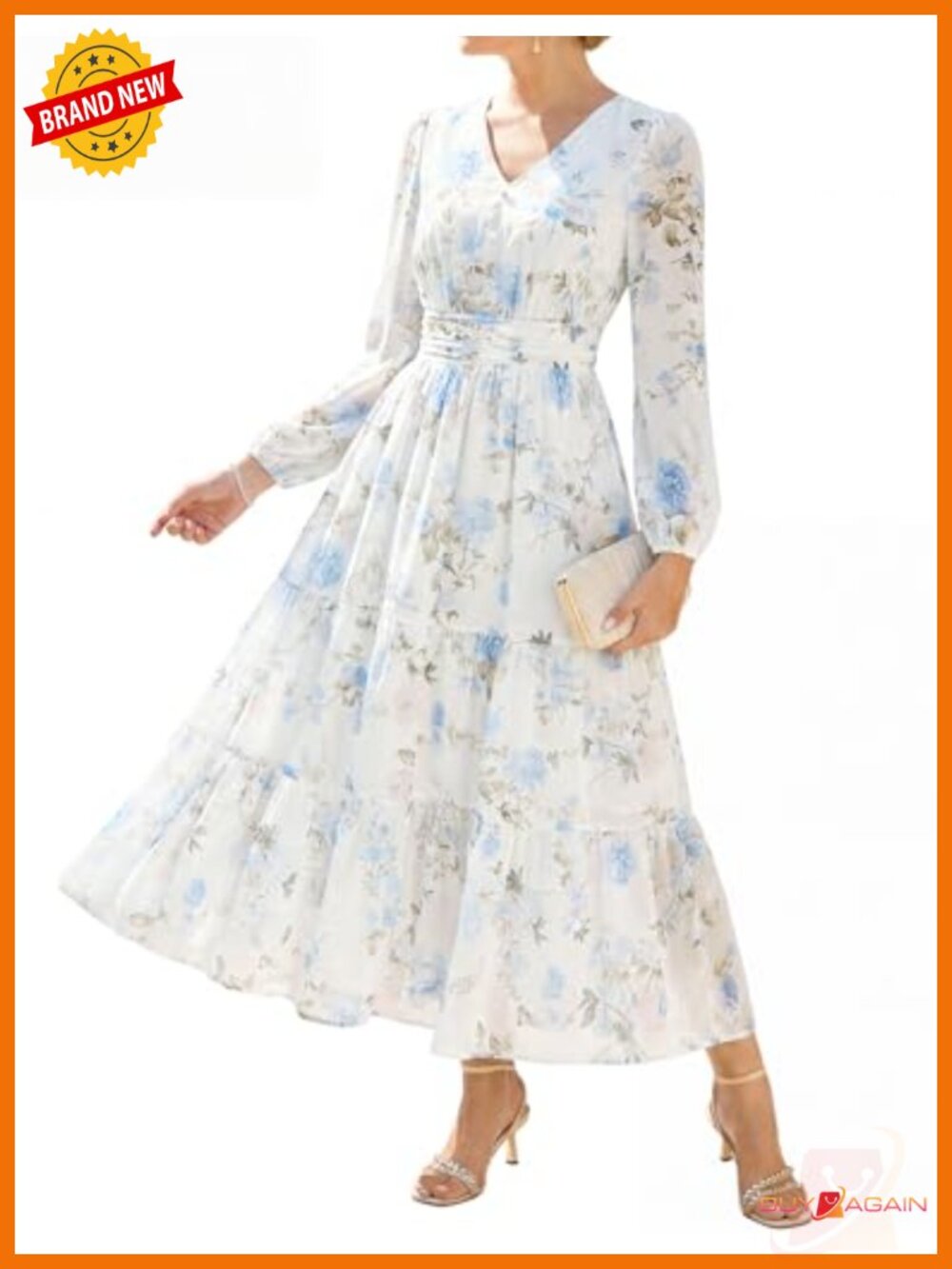 Women Floral Maxi Dress Long Sleeve V-Neck Wedding Guest